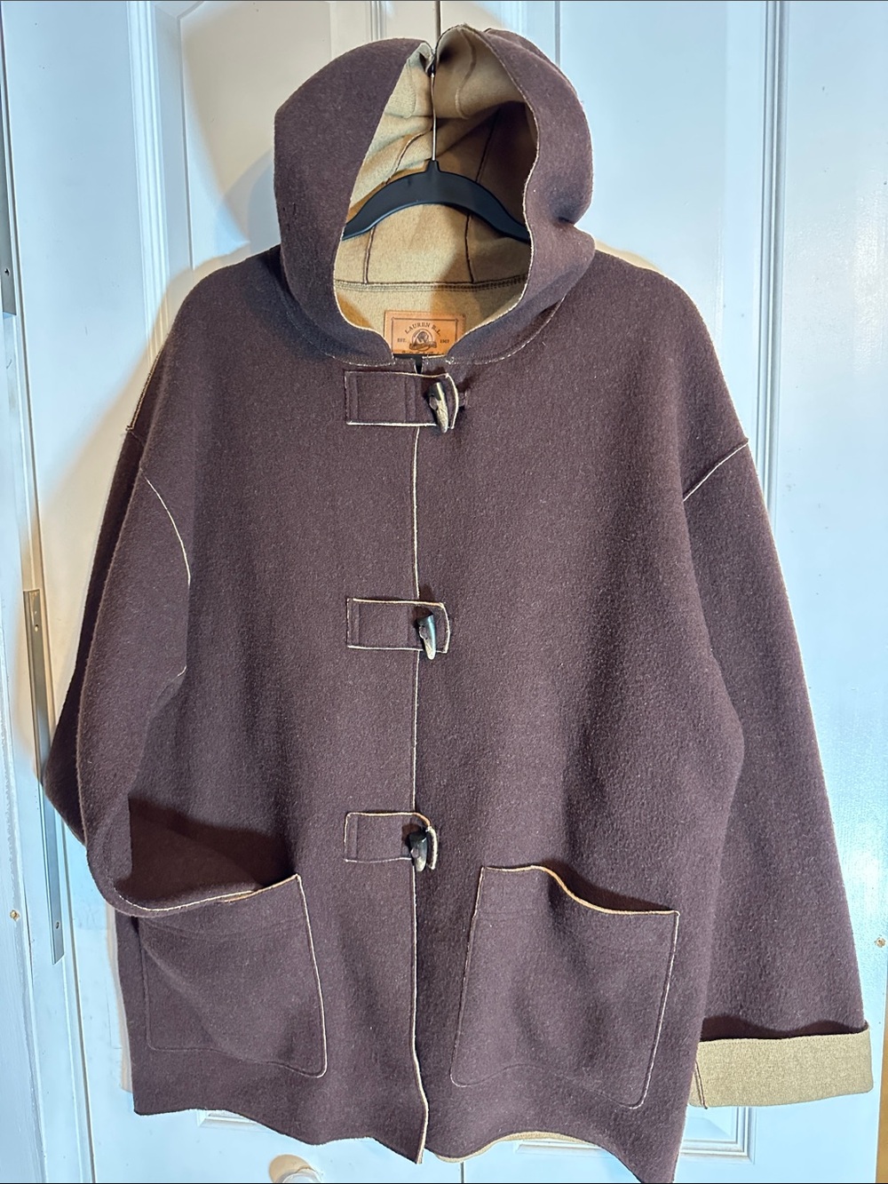 Lauren Ralph Lauren Dark Brown Hooded Toggle Cape with Tan Trim